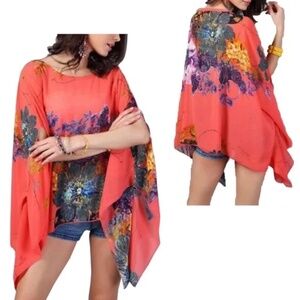 NWT Cocolor Coral Floral Print Sheer Poncho Asymmetrical Blouse Size M